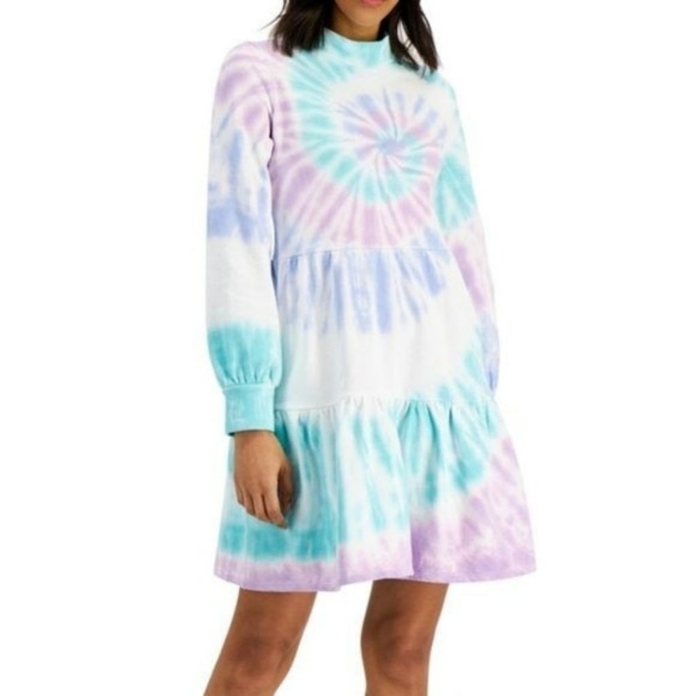 NEW NWT STYLE & CO Tie Dye Mock Neck Dress Purple White Cotton PETITE Large PL